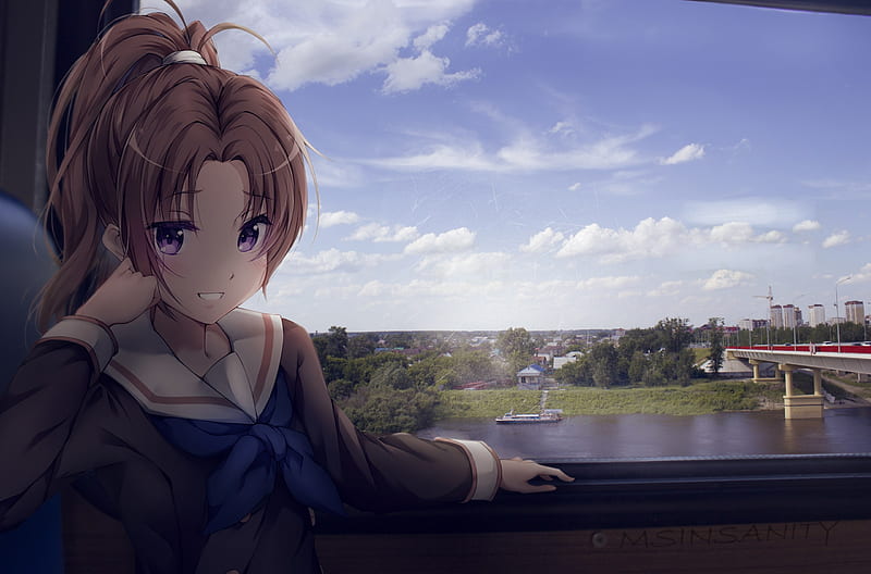 anime girl, train trip, real world, smiling, school uniform, Anime, HD wallpaper