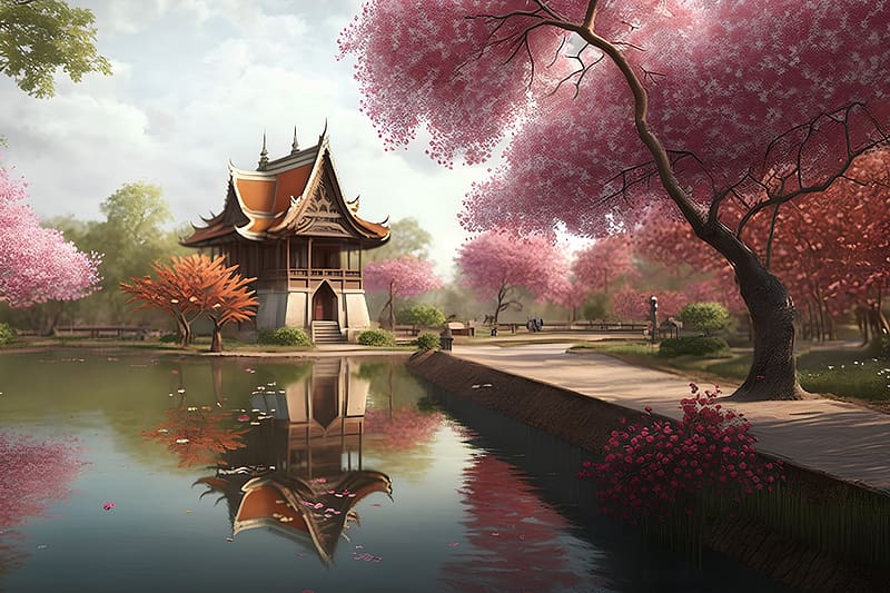 Cherry blossom, Park, Pond, Pink, Buddhist temple, HD wallpaper | Peakpx