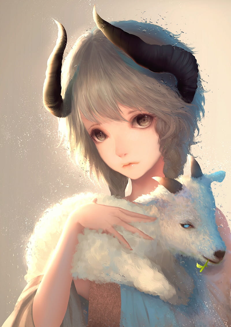 Nooko, goat, grey hair, anime girls, horns, HD phone wallpaper | Peakpx