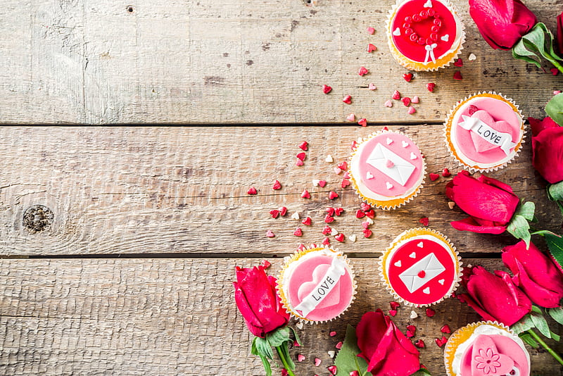 Holiday, Valentine's Day, Cupcake, Flower, Love, Rose, Still Life, HD wallpaper