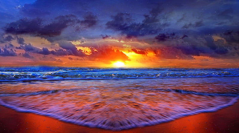 Sunset Over The Beach, sun, brown, ocean, yellow, sunset, waves, sky, clouds, beach, sand, water, nature, blue, HD wallpaper