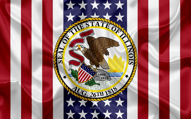Illinois, USA American state, Seal of Illinois, silk texture, US states, emblem, states seal, American flag, HD wallpaper