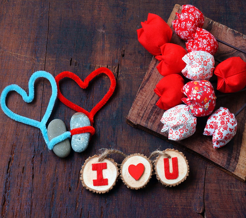 Love You, background, blue, corazones, love, red, romantic, wooden, HD wallpaper