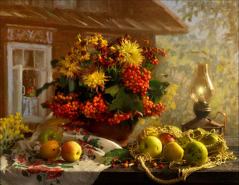 Autumn composition, fall, pretty, house, autumn, lantern, fruits, home, vase, bonito, elegance, leaves, flowerws, bouquet, arrangement, harmony, HD wallpaper