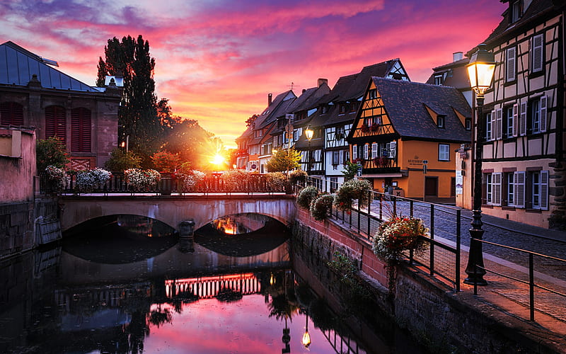 Colmar, evening, sunset, buildings, french city, Colmar cityscape, Grand Est region, France, HD wallpaper