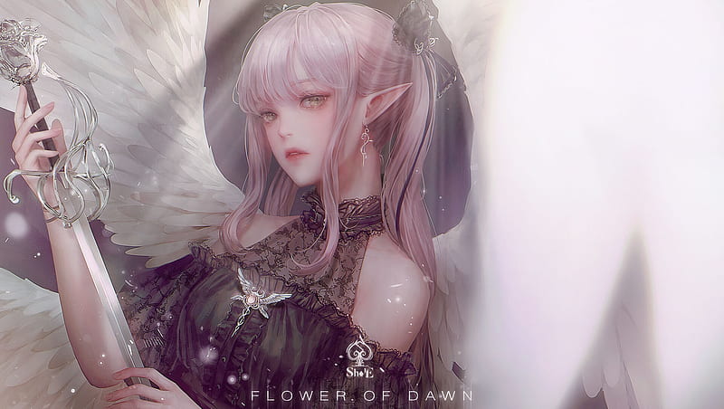 Flower of Dawn, shal e, luminos, girl, angel, frumusete, wings, fantasy, white, pink, HD wallpaper