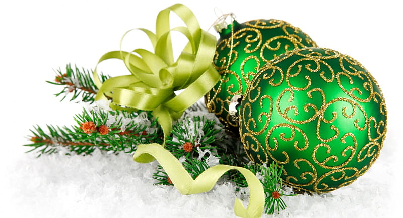 Christmas Green Splendor, merry, balls, christmas, snow, ribbon, love, bright, bow, HD wallpaper