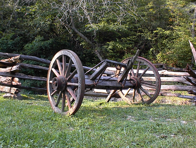 Wagon Wheels, wv, rail fence, antique farm eguipment, wheels, HD wallpaper