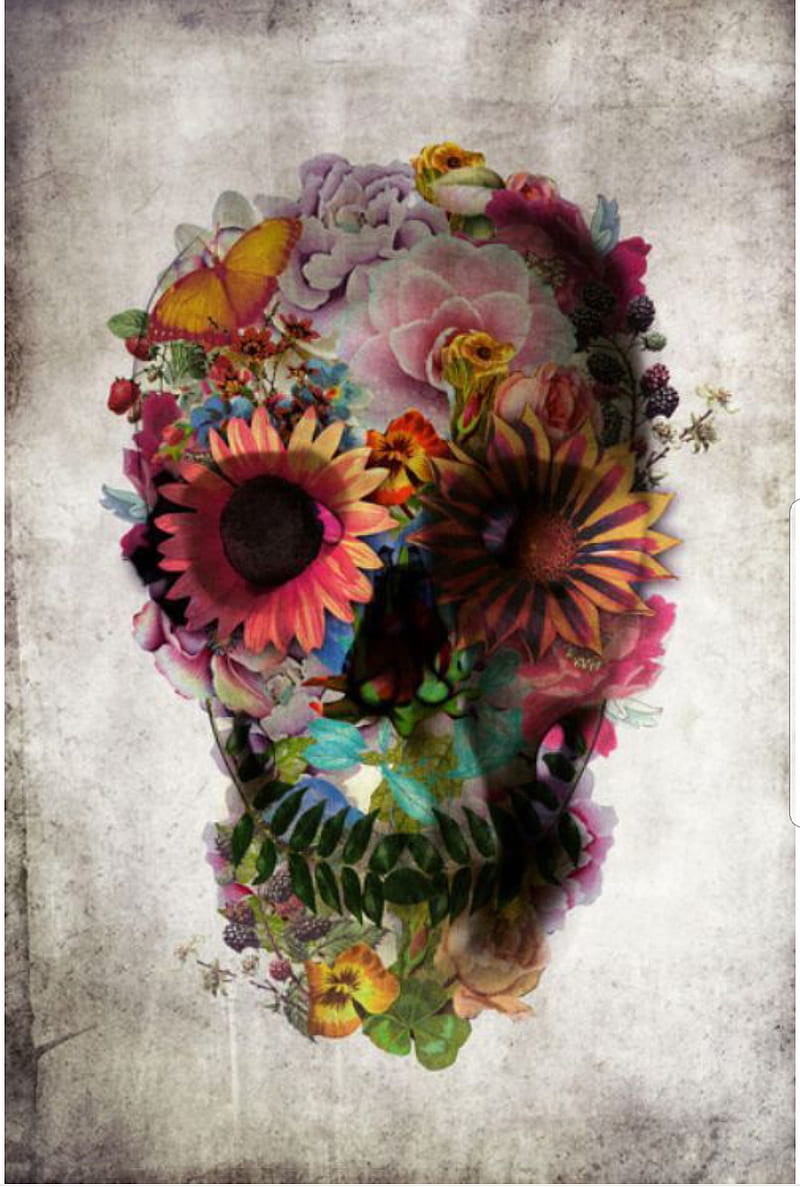 Skull in bloom, chic, flowers, skulls, HD phone wallpaper