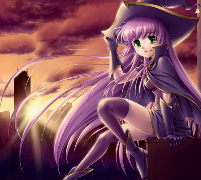 Night Witch, witch, green eyes, magic, fantasy, anime, hot, anime girl,  long hair, HD wallpaper | Peakpx