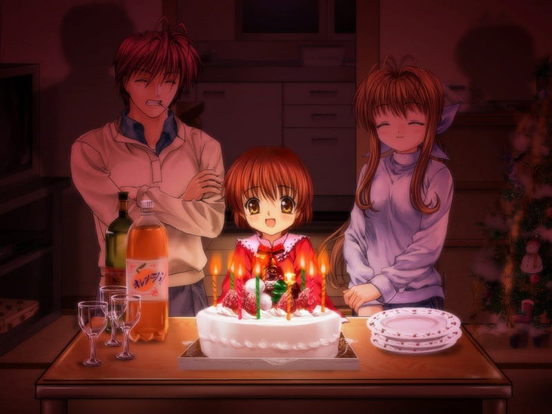 Happy Birtay, cake, dad, pretty, family, mommy, children, glasses, mother, birtay, father, sweet, kid, nice, anime, anime girl, child, light, daddy, female, lovely, clannadcandle, mum, happy, mummy, parent, girl, dark, HD wallpaper