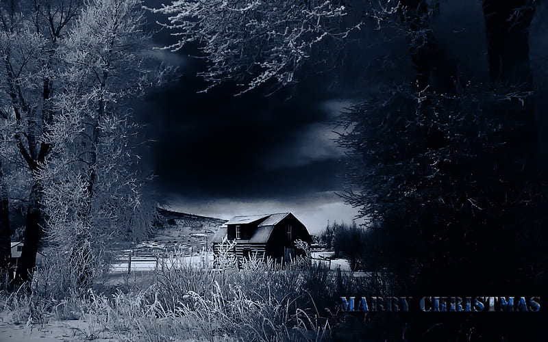 Scenic Winter Marry Christmas, house, scenic, christmas, dark, ice, road, blue, winter, HD wallpaper