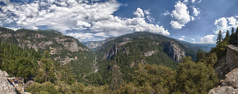 Yosemite Valley Viewpoint Ultra, United States, California, Trees, Road, Mountains, America, Clouds, Yosemite, panorama, flat, Wide Angle, unitedstates, nationalpark, canon 5D mark 2, 16-35mm f/2.8, 5 , Big Oak Road, HD wallpaper