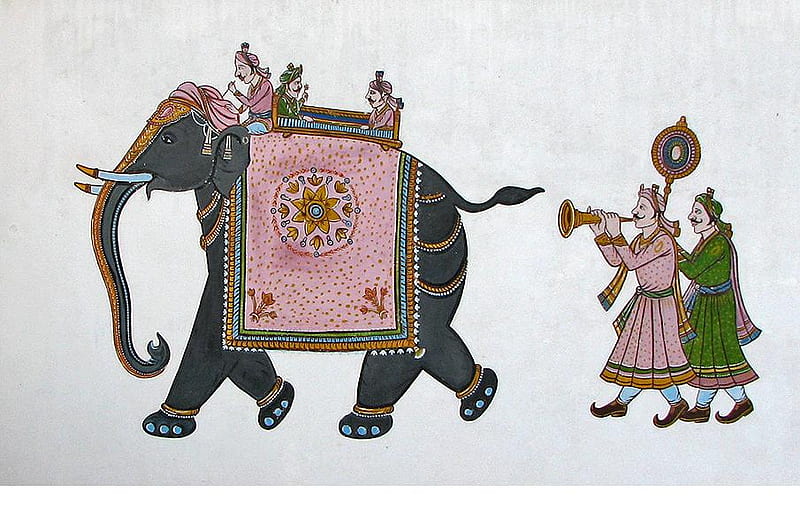 Elephant procession, ornaments, procession, art, elephant, music, painting, flute, animal, HD wallpaper