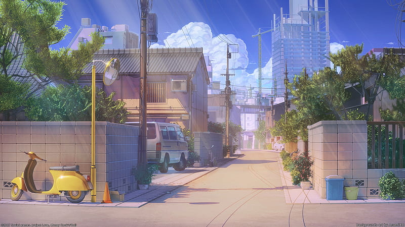 anime street, scenic, buildings, bicycle, Anime, HD wallpaper