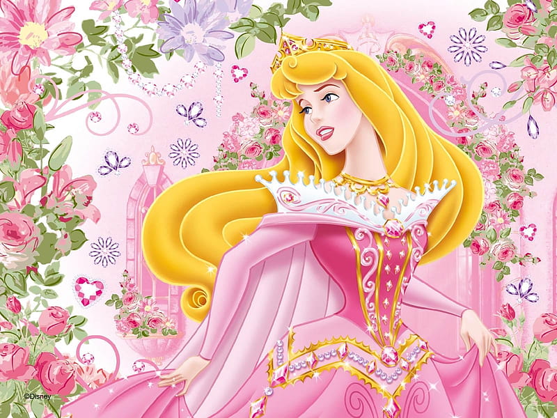 Aurora, fantasy, yellow, blonde, child, princess, pink, disney, HD wallpaper