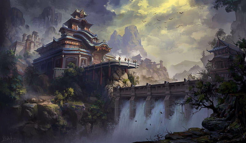 Fantasy, world, art, luminos, waterfall, temple, chengwei xu, HD wallpaper