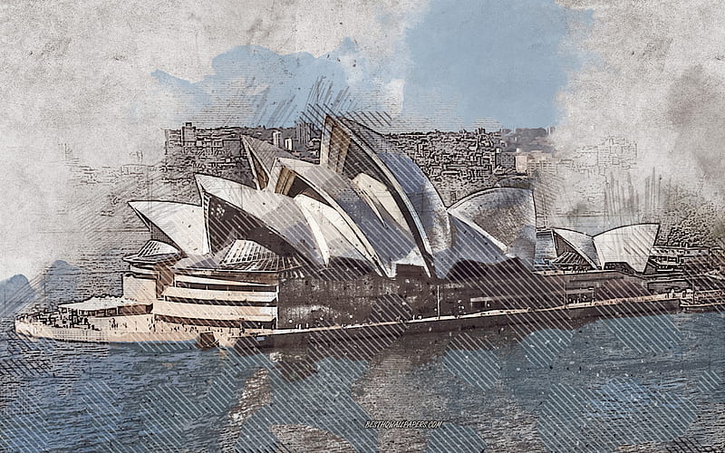 Sydney Opera House, Sydney, Australia, grunge art, creative art, painted Sydney Opera House, drawing, Sydney Opera House grunge, digital art, Sydney grunge, HD wallpaper