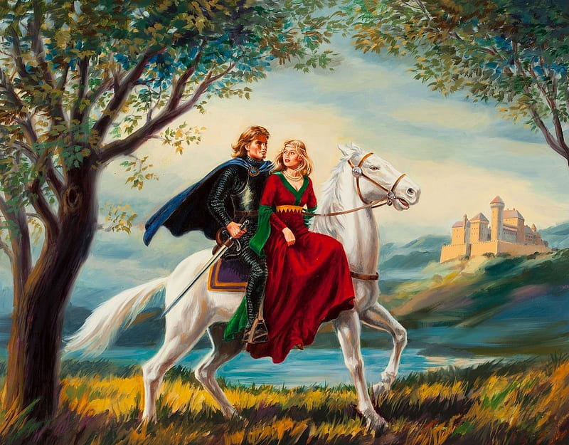 :), pictura, uldins klavins, couple, red, art, romance, man, horse, lovers, water, fantasy, girl, painting, castle, HD wallpaper