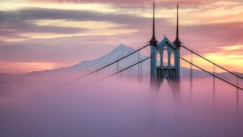 St Johns Bridge Of Portland, bridge, world, clouds, fog, graphy, pink, HD wallpaper