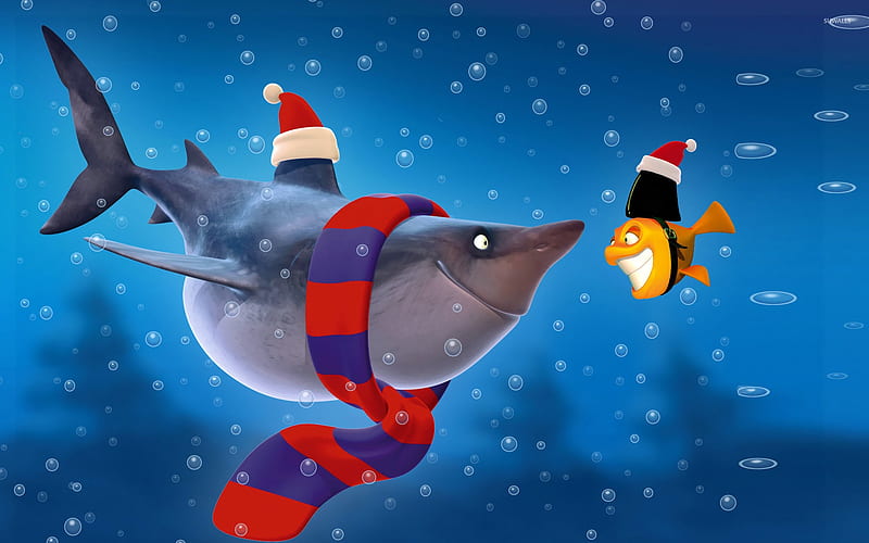 Shark and fish christmas, scarf, shark, christmas, fish, HD wallpaper