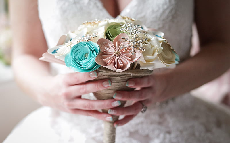 wedding, bridal paper bouquet, paper flowers, bride, HD wallpaper