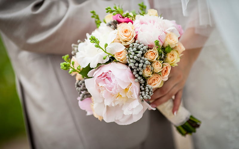 Wedding bouquet, peonies, bride, white wedding dress, wedding, beautiful bouquet, HD wallpaper