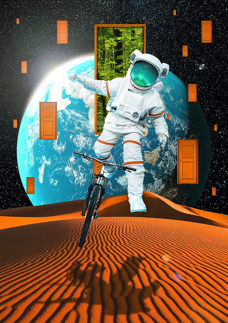 astronaut, spacesuit, bicycle, planet, desert, doors, HD phone wallpaper