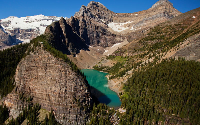 Agnes Lake, mountain lake, Banff, Alberta, mountains, freshwater lake, glacial lake, Canada, HD wallpaper