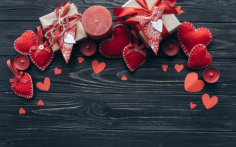 Valentine's Day, red hearts, gifts, candles, romantic decoration ...