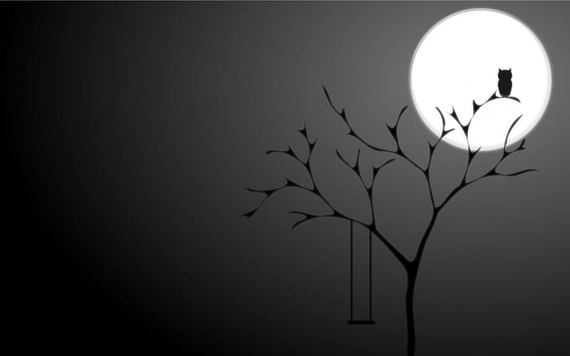 Alone in the Monochrome, owl, tree, moon, swing, full moon, monochrome, HD wallpaper