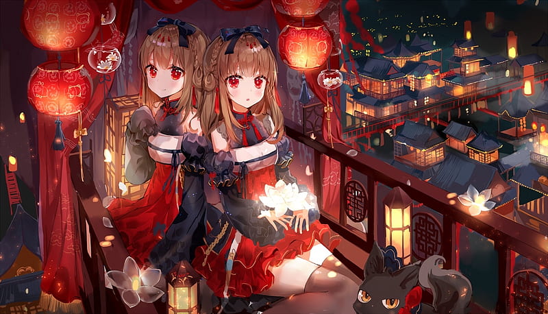 Girls, red, lantern, manga, tagme, girl, anime, flower, couple, night ...