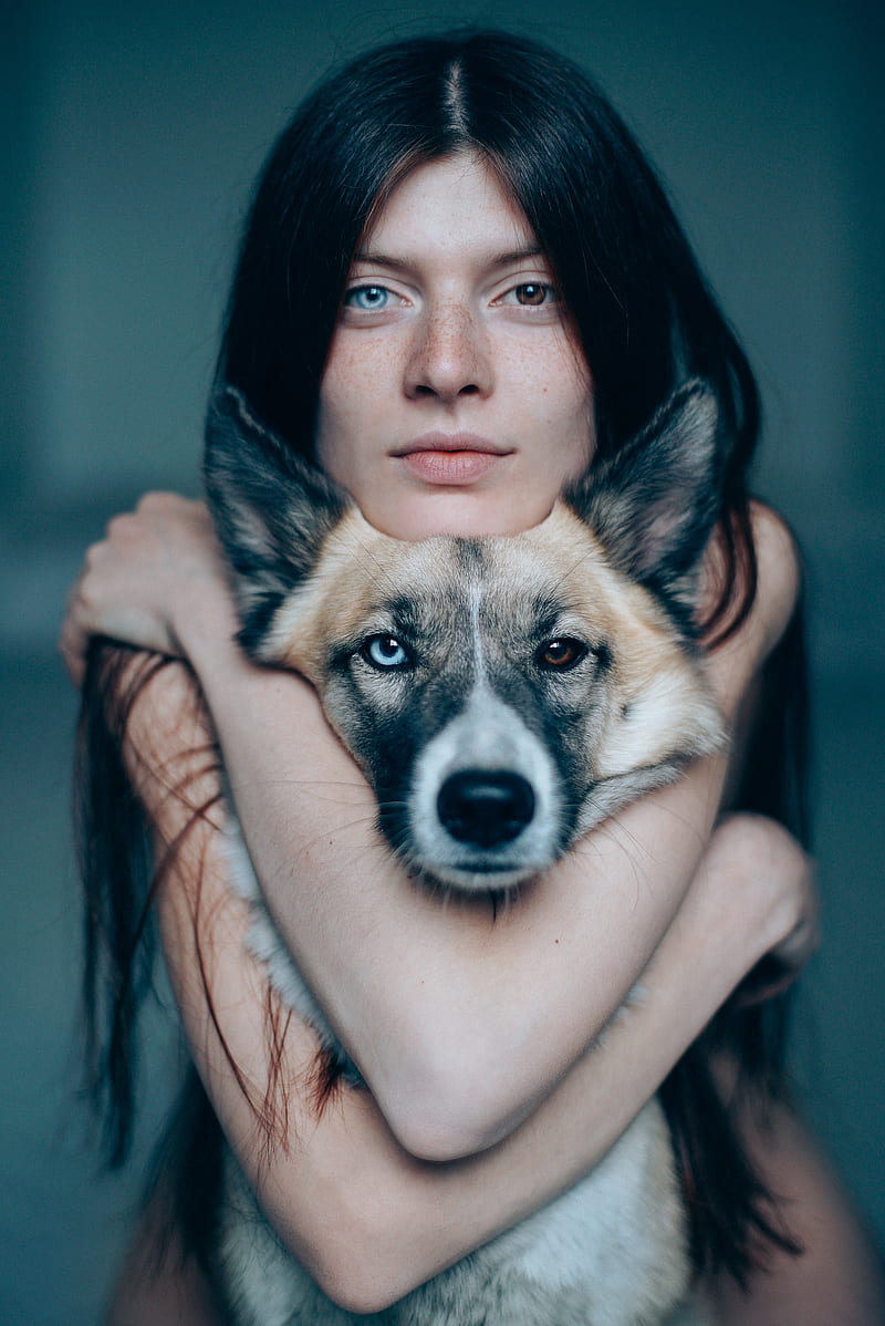 women, dog, eyes, heterochromia, freckles, portrait display, blue eyes, brown eyes, HD phone wallpaper