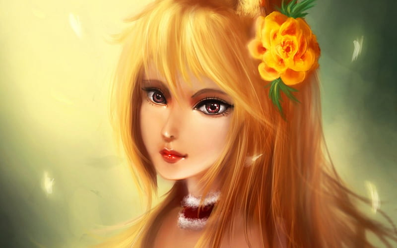 Beauty, art, orange, woman, fantasy, girl, flower, face, foxy, HD wallpaper