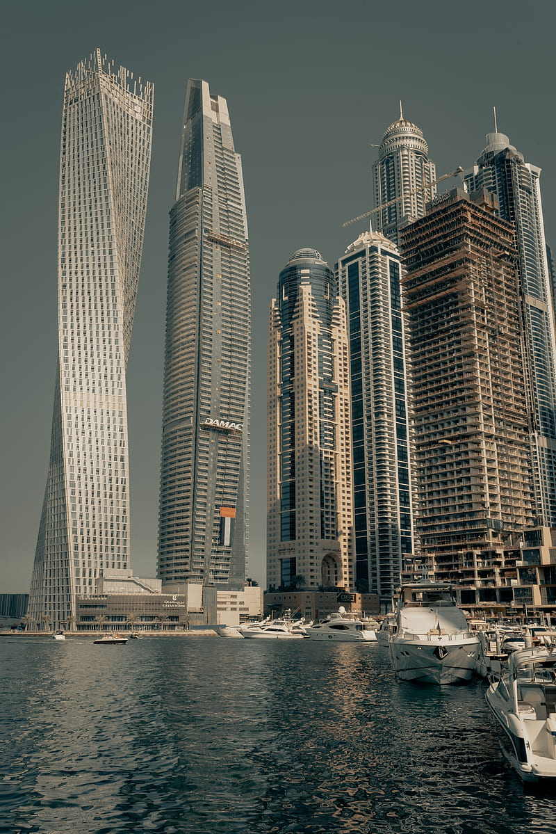 buildings, skyscrapers, boats, bay, architecture, dubai, uae, HD phone wallpaper