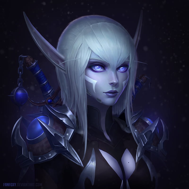 Fanfoxy, drawing, elves, Warcraft, silver hair, bangs, shoulder length hair, straight hair, purple eyes, glowing, face paint, pointy ears, chains, weapon, armor, spikes, dark, portrait, HD phone wallpaper