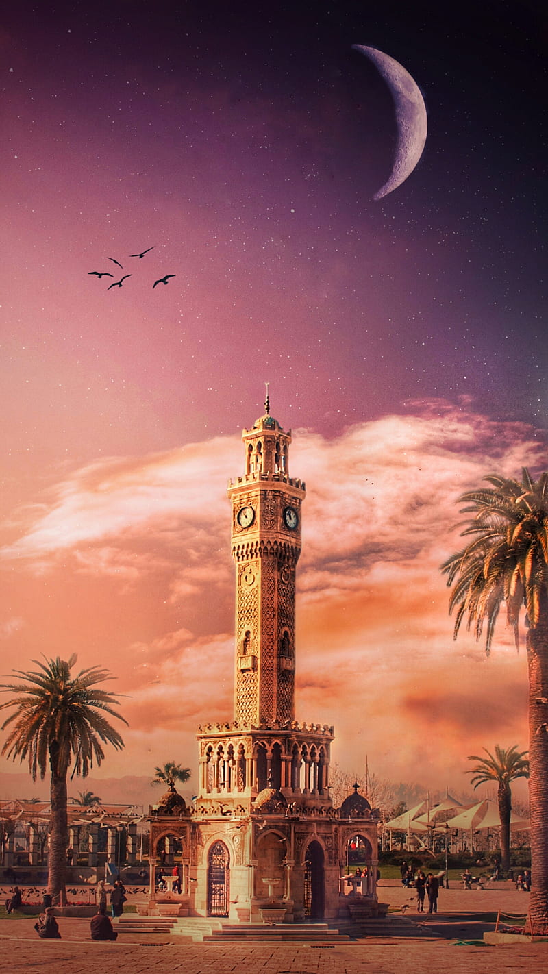 İzmir tower, clouds, moon, sky, sunrise, sunset, turkey, HD phone wallpaper