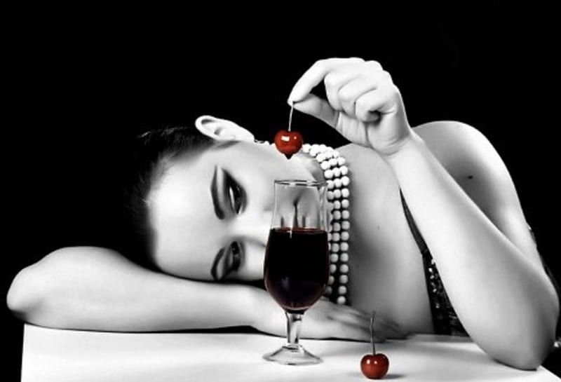 **, table, dreamer, beauty, glass of wine, Cherries, woman, red and black, HD wallpaper