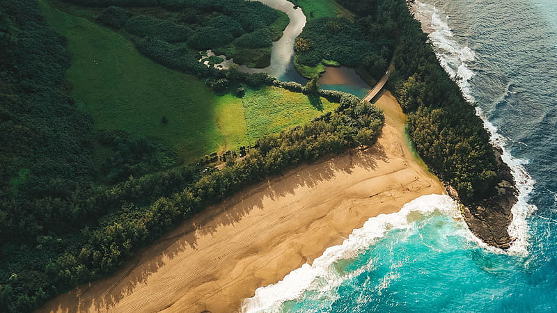 Aerial View Of Green Trees Island Road Ocean Waves Beach Sand Ocean, HD wallpaper