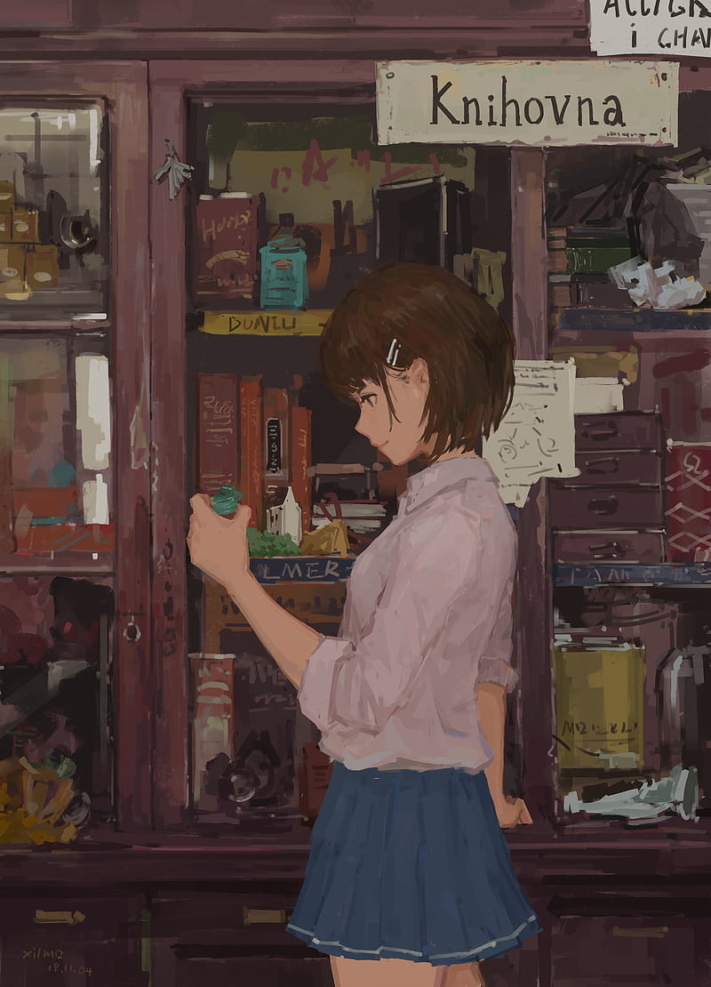 XilmO, anime, anime girls, artwork, books, bookshelf, side view, HD phone wallpaper