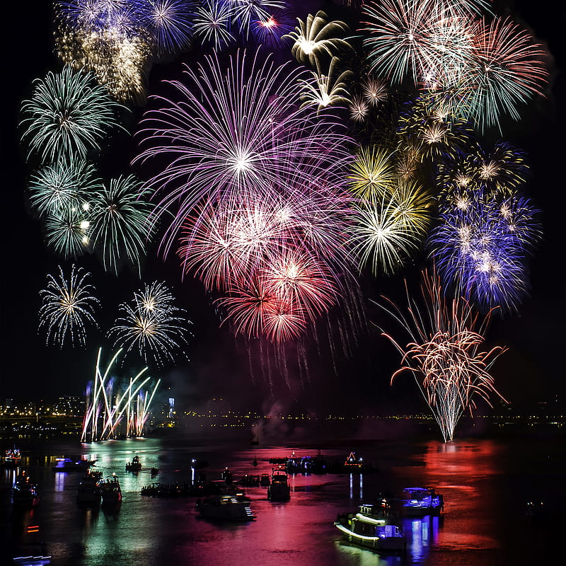 Firework Scene, boat, fireworks, night, river, HD phone wallpaper