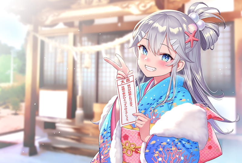 anime girl, gray hair, kimono, smiling, aqua eyes, Anime, HD wallpaper
