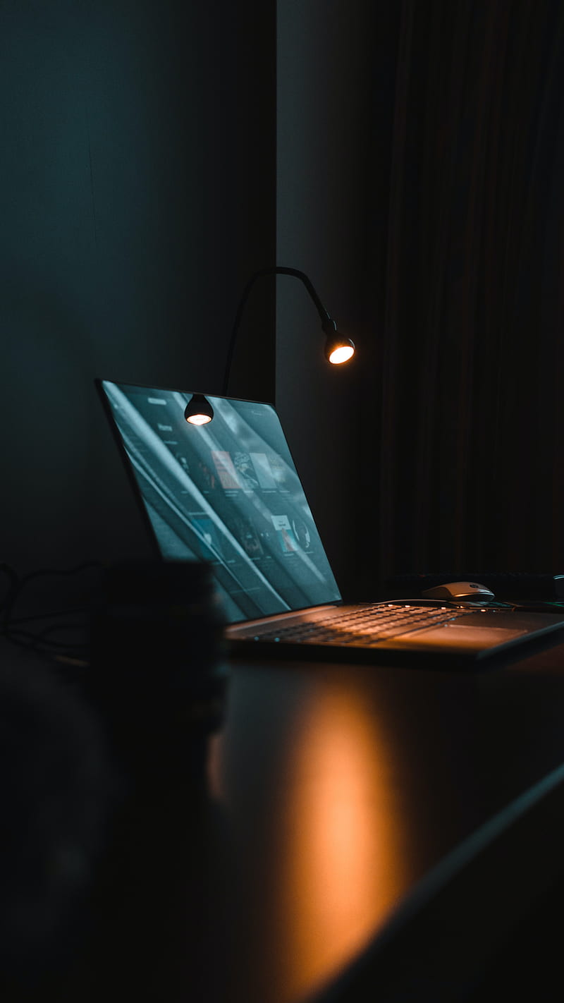 Laptop, lamp, table, workplace, dark, HD phone wallpaper | Peakpx