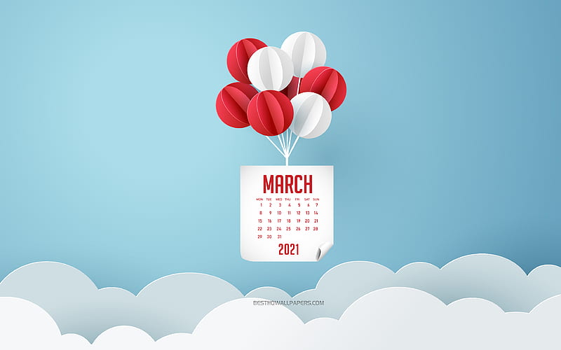 2021 March Calendar, blue sky, white and red balloons, March 2021 Calendar, 2021 concepts, March spring calendars, March, HD wallpaper