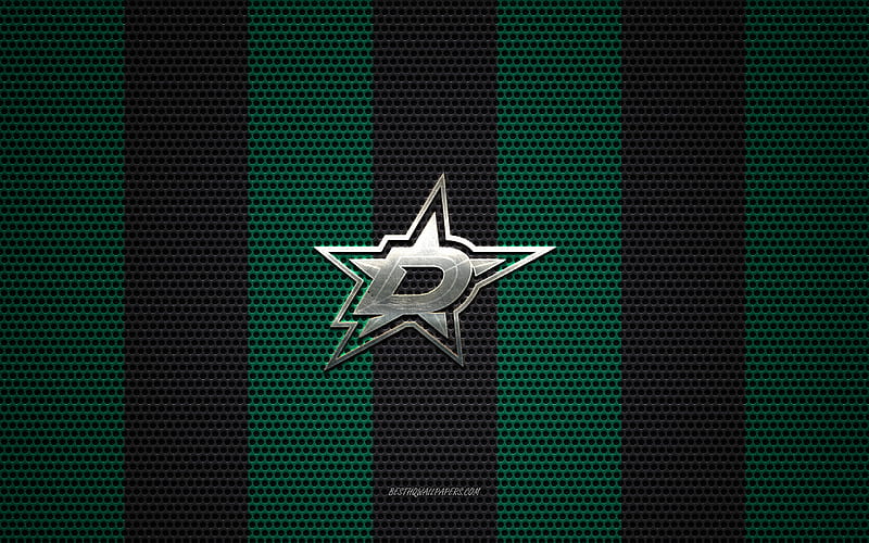 Dallas Stars logo, American hockey club, metal emblem, green-black metal mesh background, Dallas Stars, NHL, Dallas, Texas, USA, hockey, HD wallpaper
