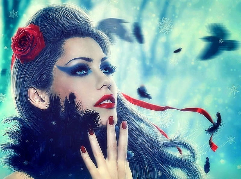 Raven Recovered, crows, love four seasons, creative pre-made, digital art, woman, winter, ravens, fantasy, manipulation, snow, weird things people wear, HD wallpaper