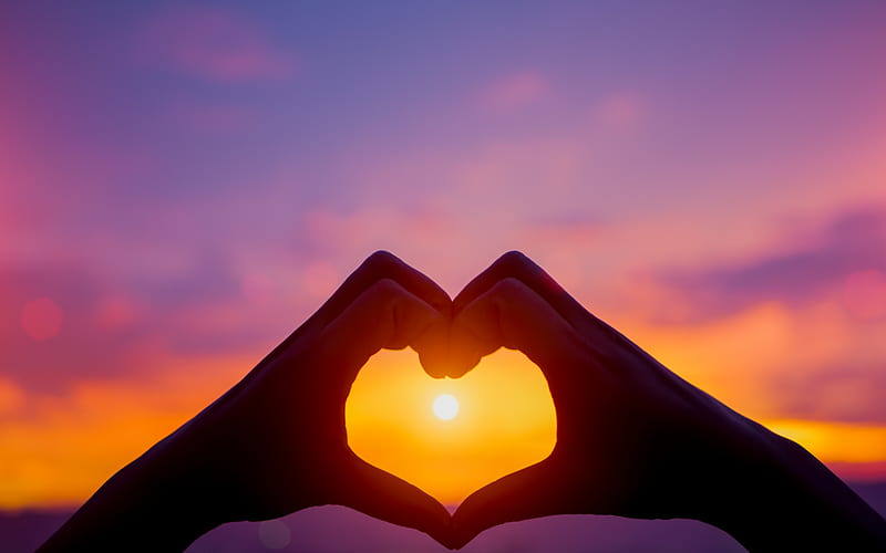 sign of the heart by hands, sunset, evening, sun in hand, heart, romance, HD wallpaper