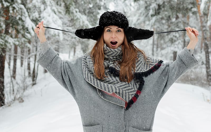 Trapper hat cuteness, winter, coat, snow, trees, trapper hat, long hair, scarf, Female, Brunette, HD wallpaper