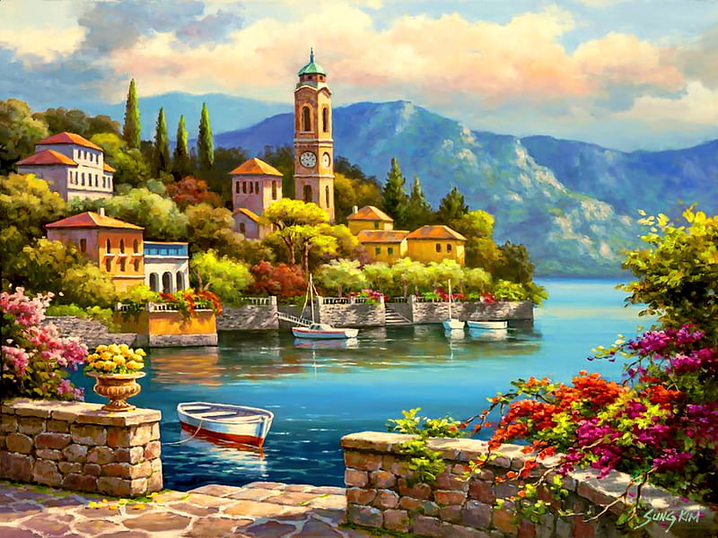 Romantic harbor, colorful, art, romantic, Sung Kim, spring, que, sea, boats, painting, summer, peaceful, village, harbor, coast, HD wallpaper