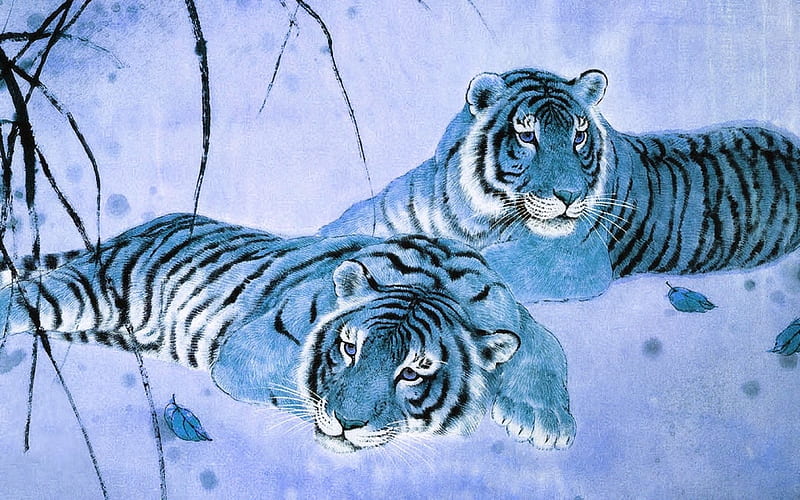 Tigers, art, animal, winter, snow, painting, white, pictura, couple, blue,  HD wallpaper | Peakpx